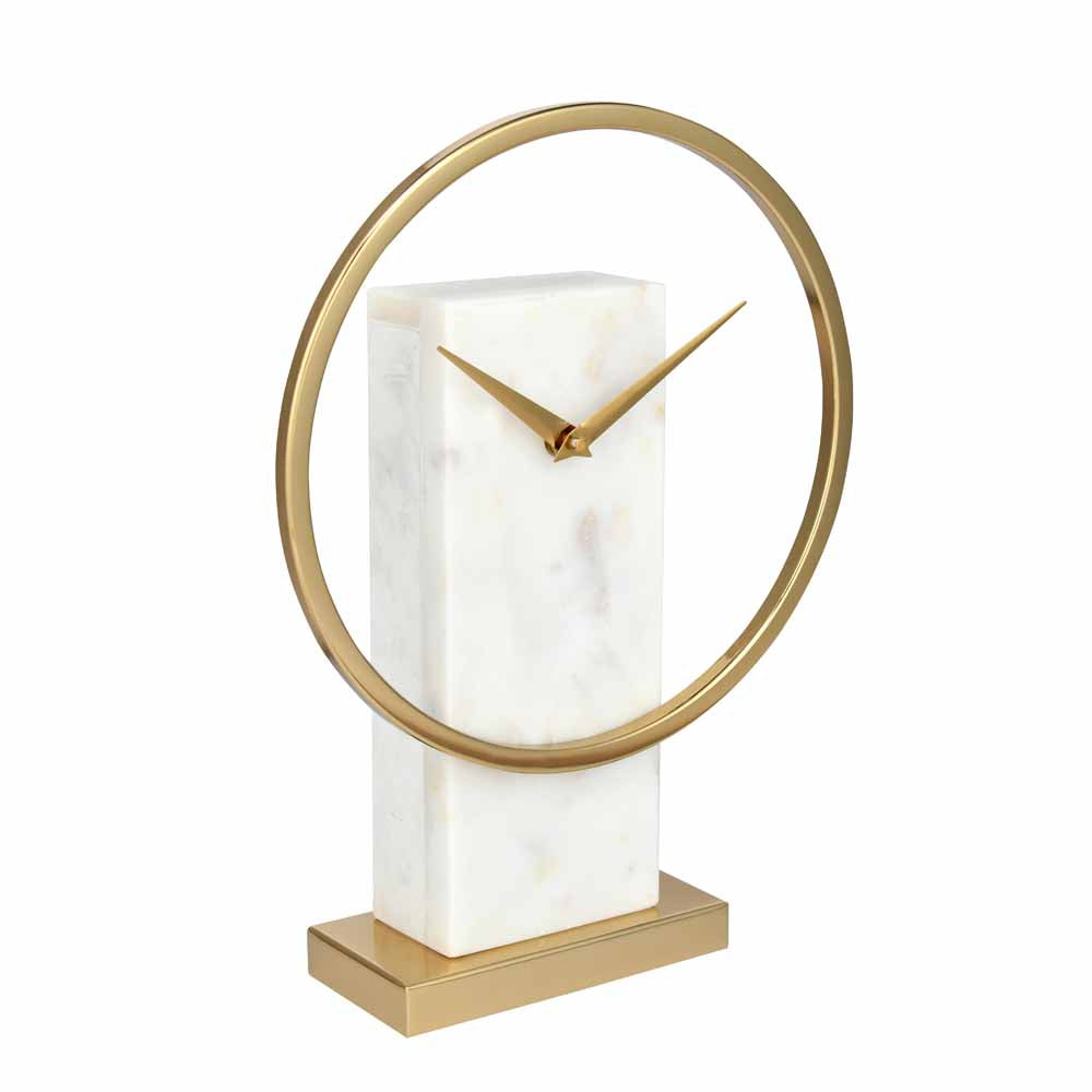 Round Dial Metal and Stone Table Clock (Gold)