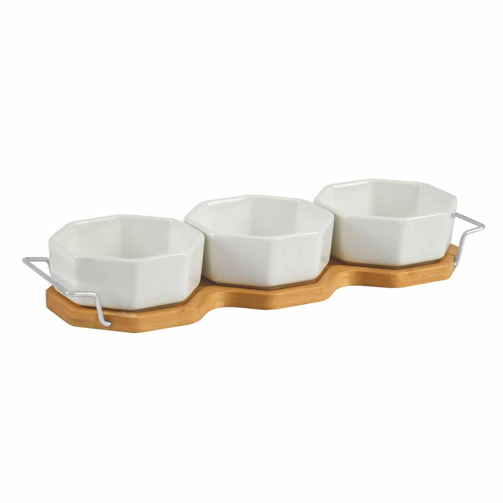 Ceramic 200 ml Bowls Set of 3 with Wooden Base (White)