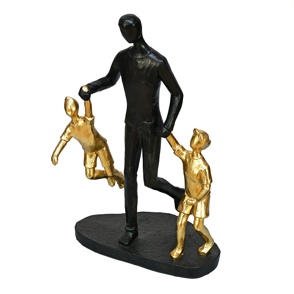 Dad With Two Kids Polyresin Decorative Showpiece (Black & Gold)