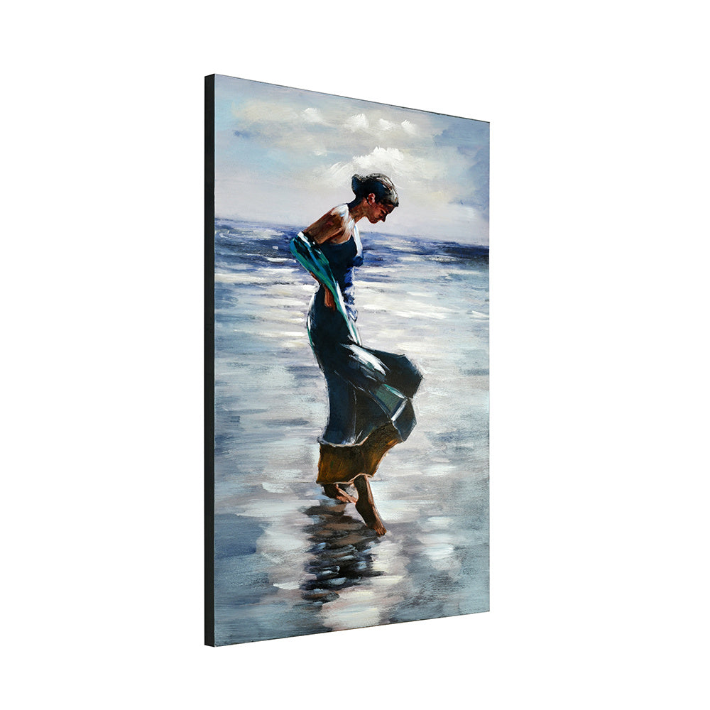 Lady Near The Shore Canvas Wall Painting (Blue)