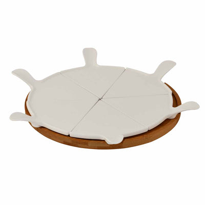 Ceramic Pizza Serving Platter with Bamboo Base (White)