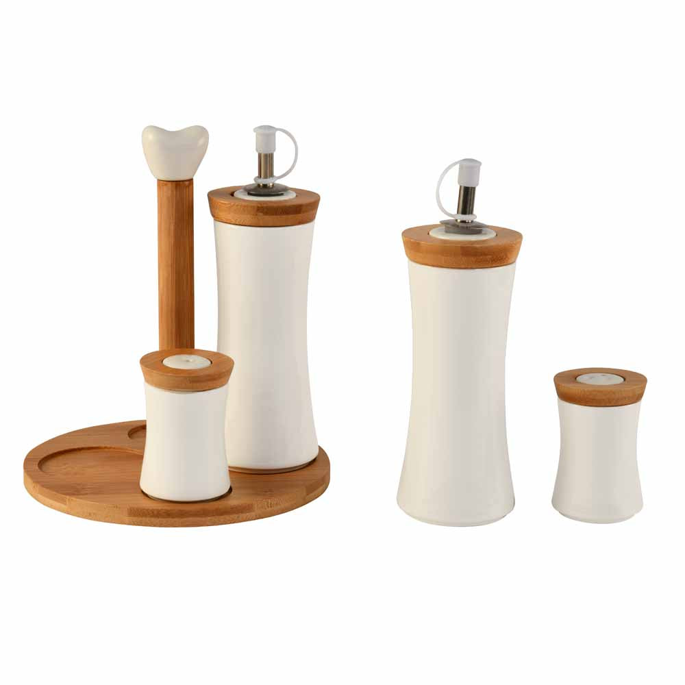 Ceramic Condiments Set of 4 with Bamboo Base (White)