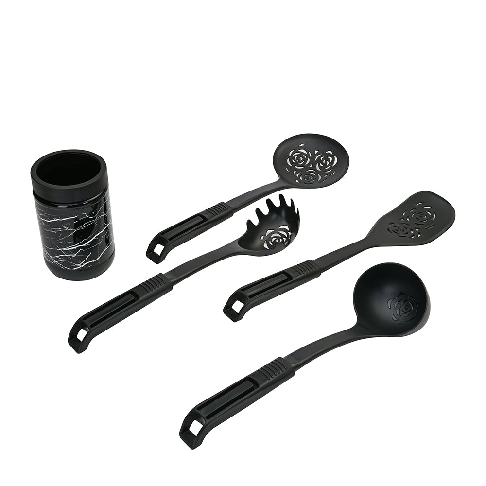 Kitchen Cooking and Serving Spoons Set of 4 With Jar (Black)