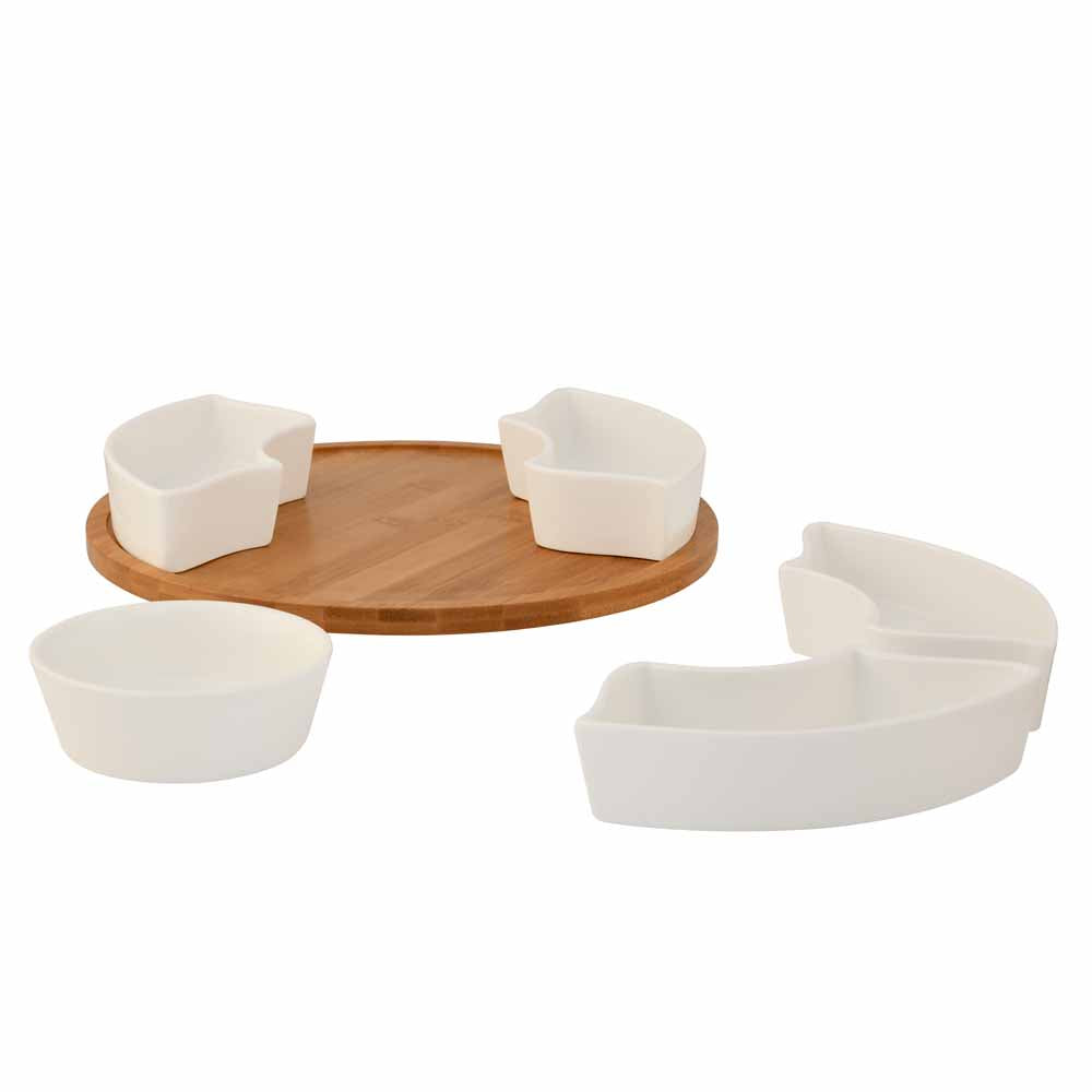 5 Compartmets Ceramic with Bamboo Base Snacks Serving Platter (White)
