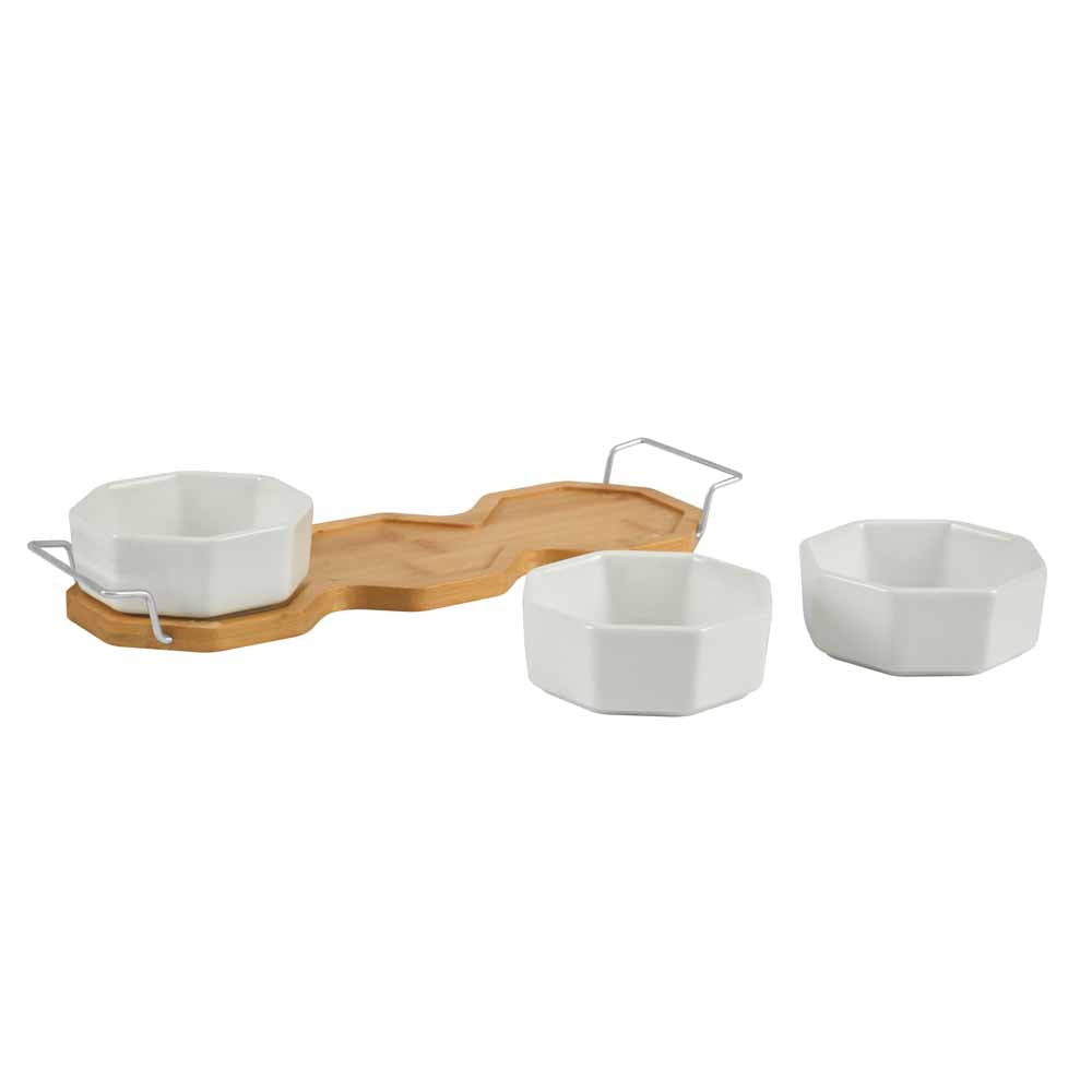 Ceramic 200 ml Bowls Set of 3 with Wooden Base (White)