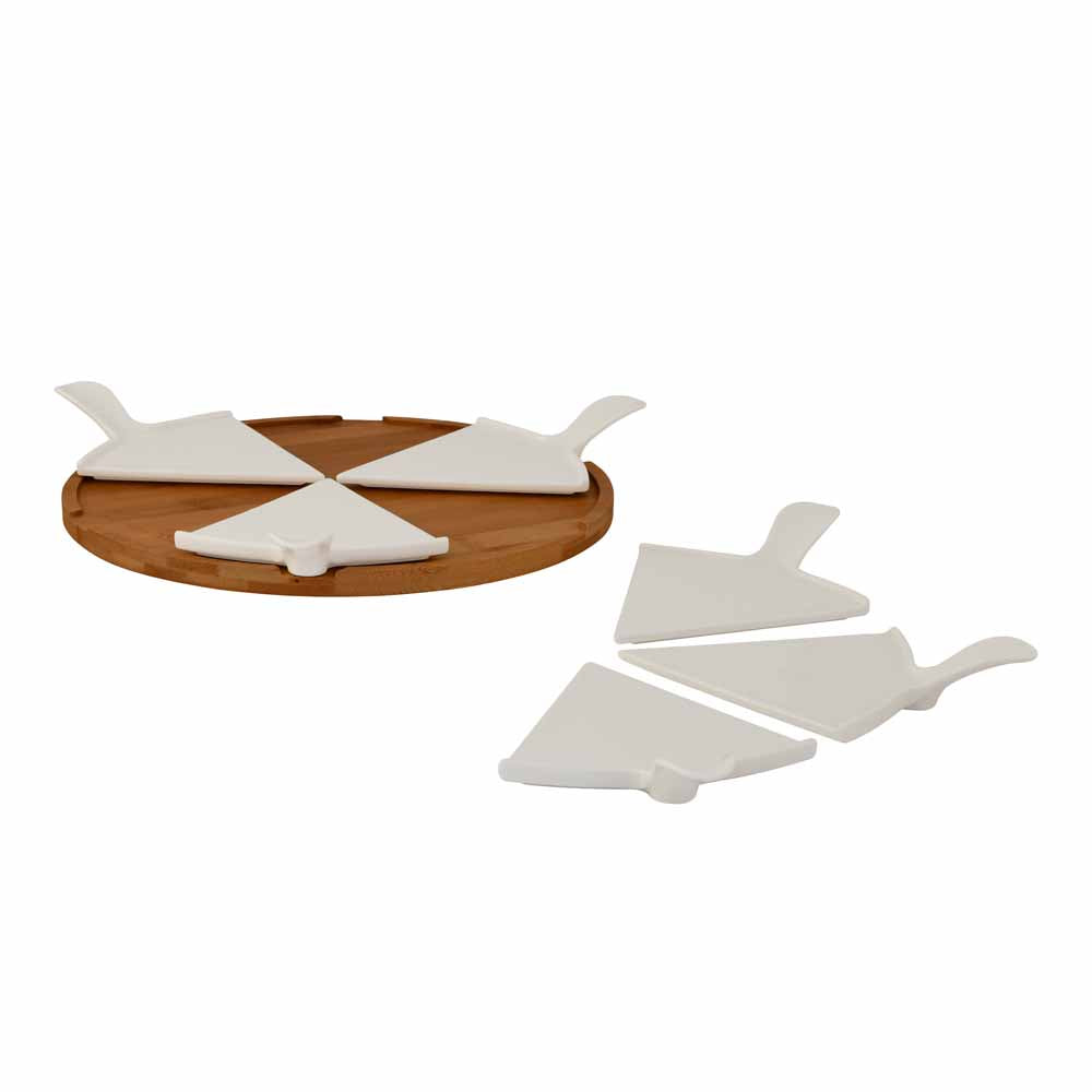 Ceramic Pizza Serving Platter with Bamboo Base (White)