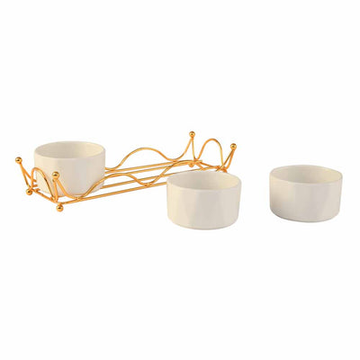 Ceramic 300 ml Bowls Set of 3 with Metal Stand (White)