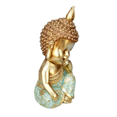 Baby Monk Resting Decorative Polyresin Showpiece (Mint & Gold)