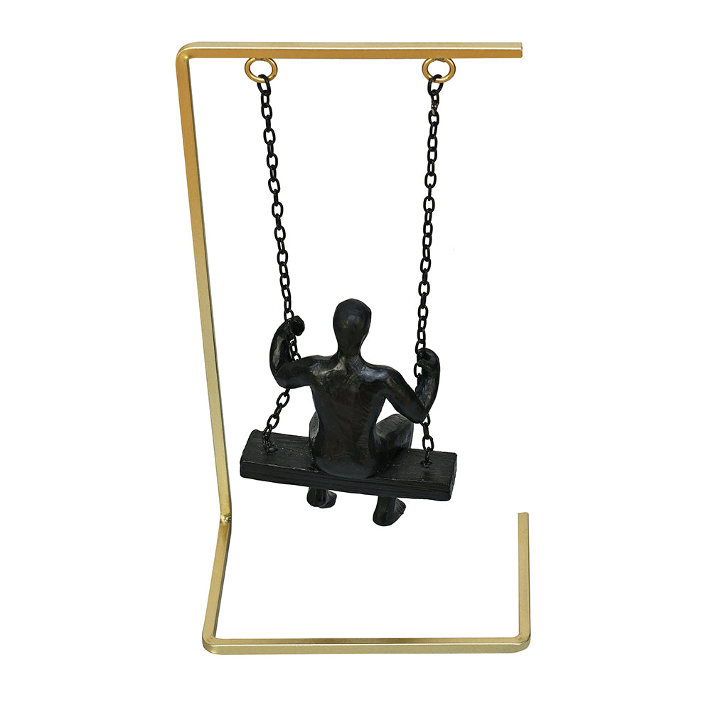 Man On Swing Decorative Polyresin Showpiece (Black & Gold)