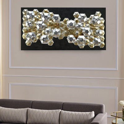 Hexagonal Art Plastic & Wooden Wall Decor (Black & Gold)
