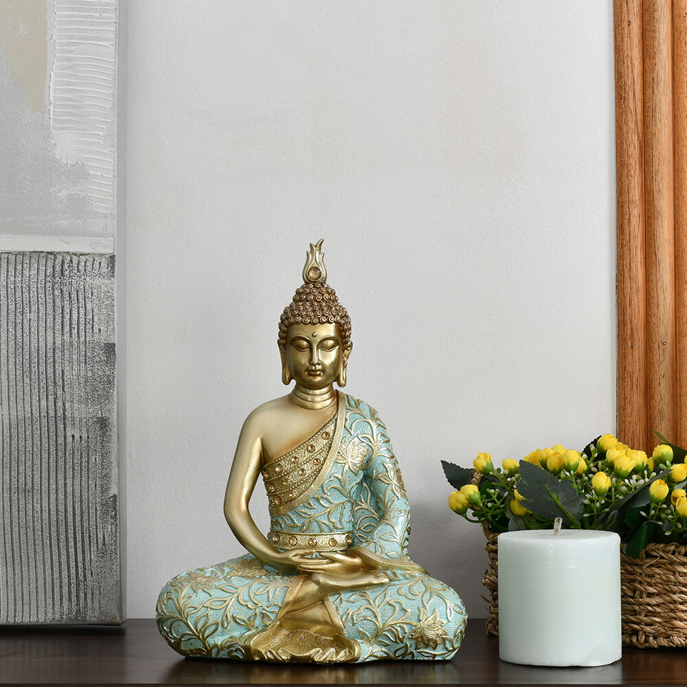 Meditating Buddha Polyresin Showpiece (Mint & Gold)