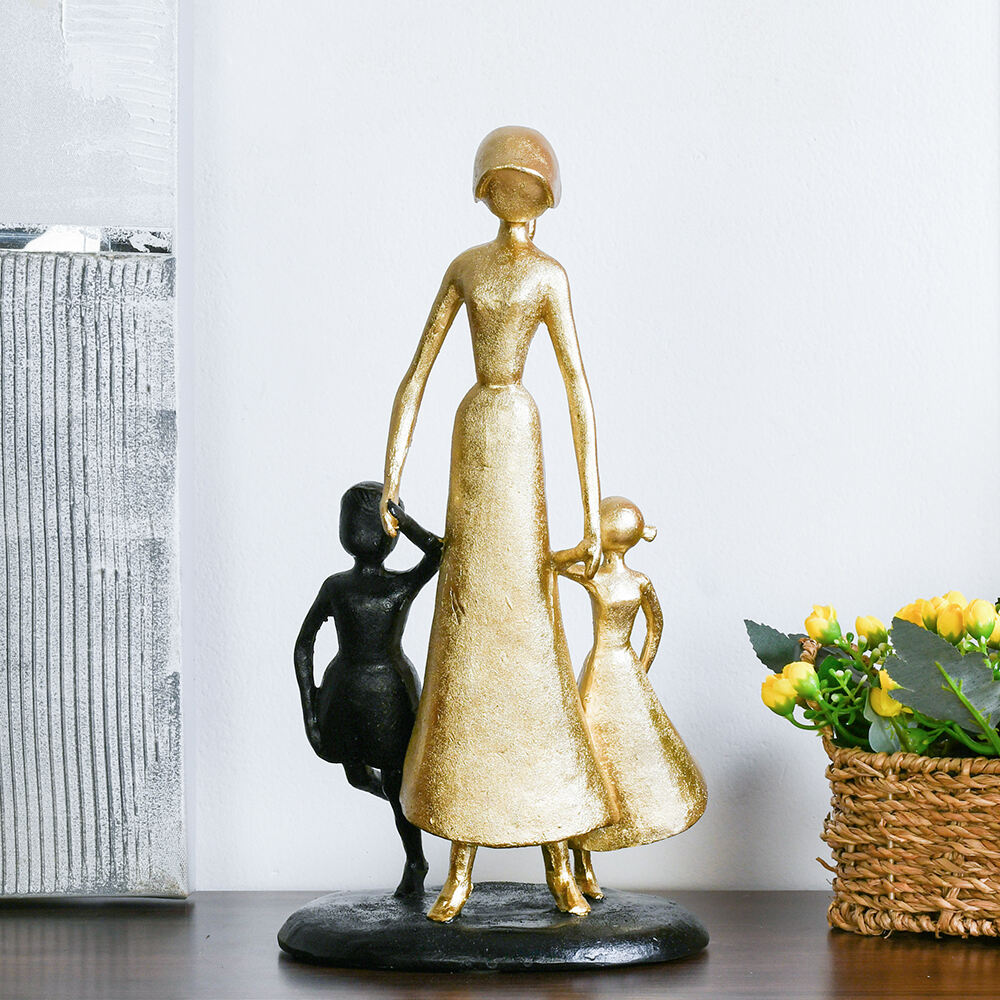 Mom With Two Kids Decorative Polyresin Showpiece (Black & Gold)