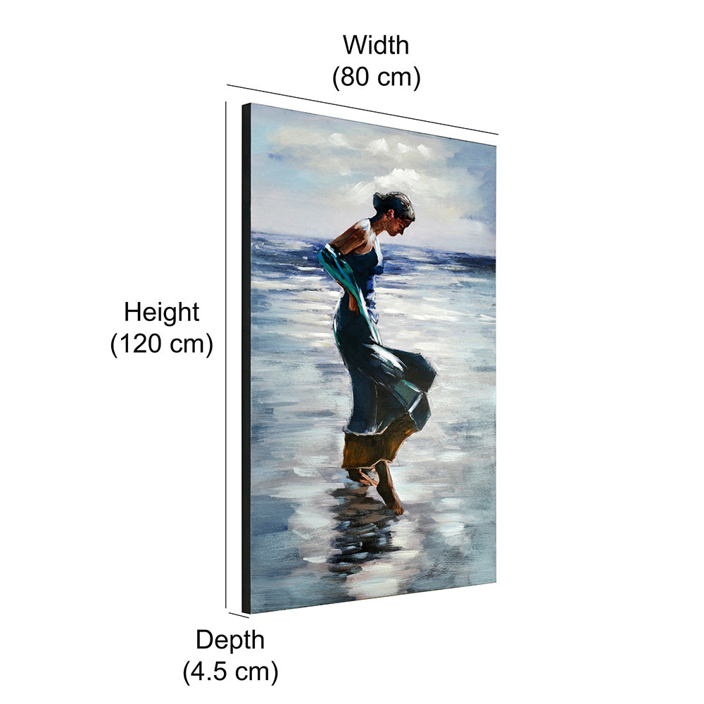 Lady Near The Shore Canvas Wall Painting (Blue)