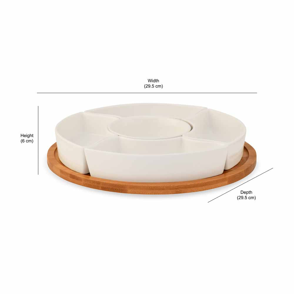 5 Compartmets Ceramic with Bamboo Base Snacks Serving Platter (White)