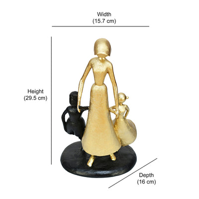 Mom With Two Kids Decorative Polyresin Showpiece (Black & Gold)