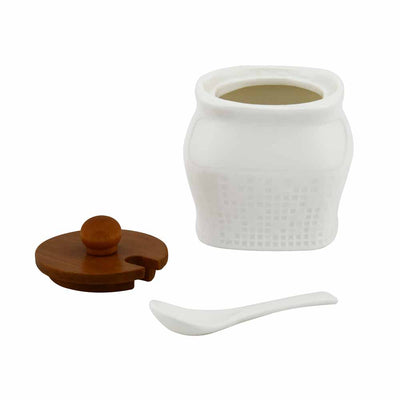 Ceramic Condiments Set of 5 with Bamboo Base (White)