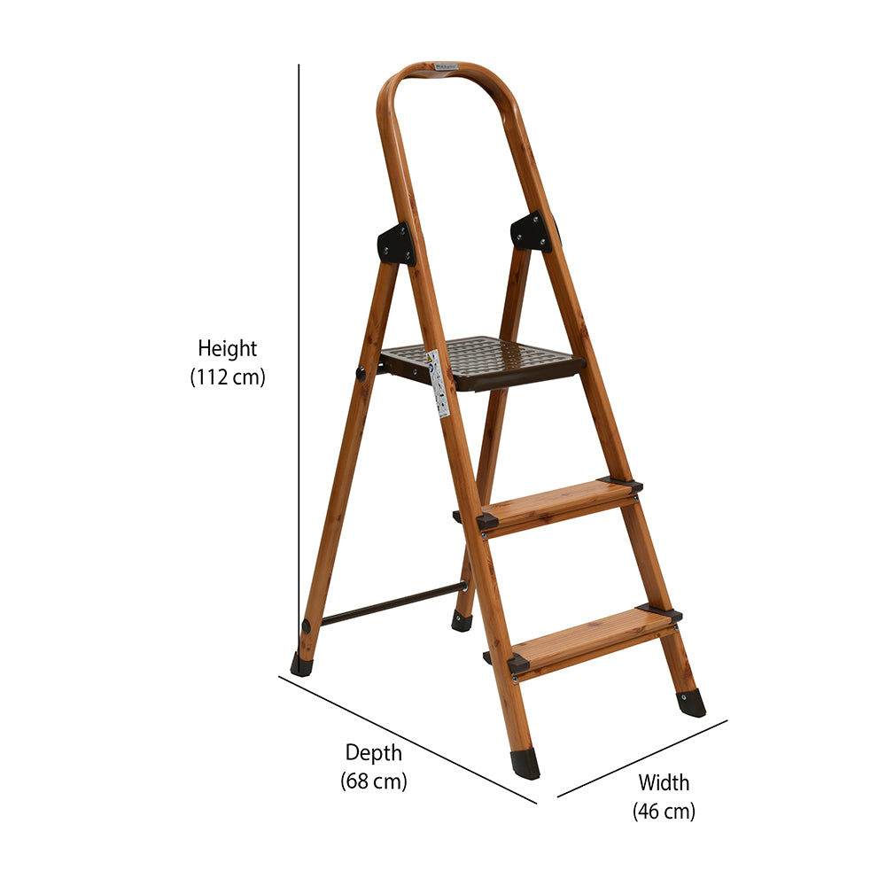 3 Steps Wooden Finished Foldable Aluminium Ladder (Brown)