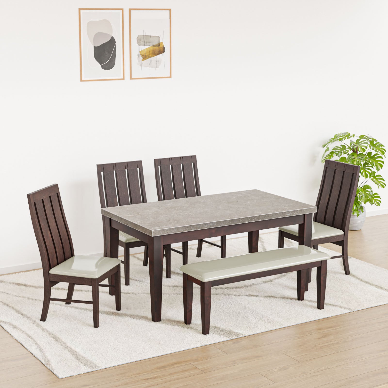 Ashton 6 Seater Solid Wood Dining Set With Bench (Milky White & Walnut)
