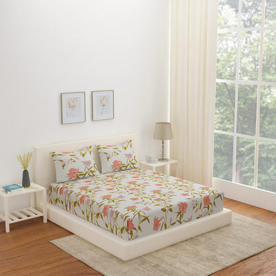 Arias Floral CVC Satin King Bedsheet With 2 Pillow Covers (Multicolor)