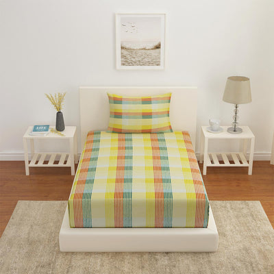 Arias Checkered CVC Satin Single Bedsheet With 1 Pillow Cover (Multicolor)