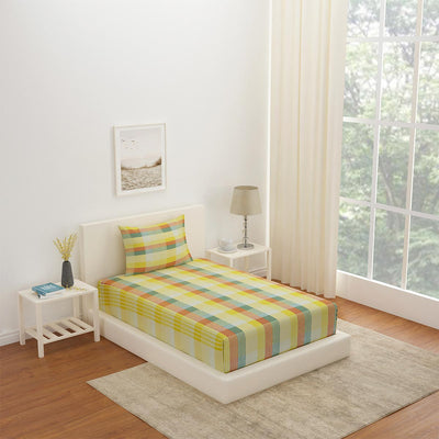 Arias Checkered CVC Satin Single Bedsheet With 1 Pillow Cover (Multicolor)