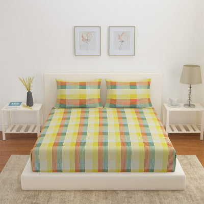 Arias Checkered CVC Satin King Bedsheet With 2 Pillow Covers (Multicolor)