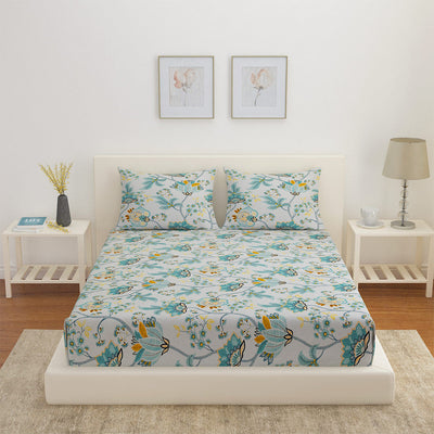 Arias Floral Cotton King Bedsheet With 2 Pillow Covers (Blue)