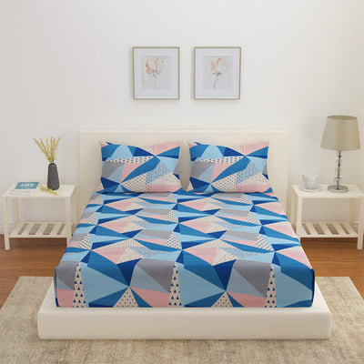 Arias Geometric Cotton King Bedsheet With 2 Pillow Covers (Blue)