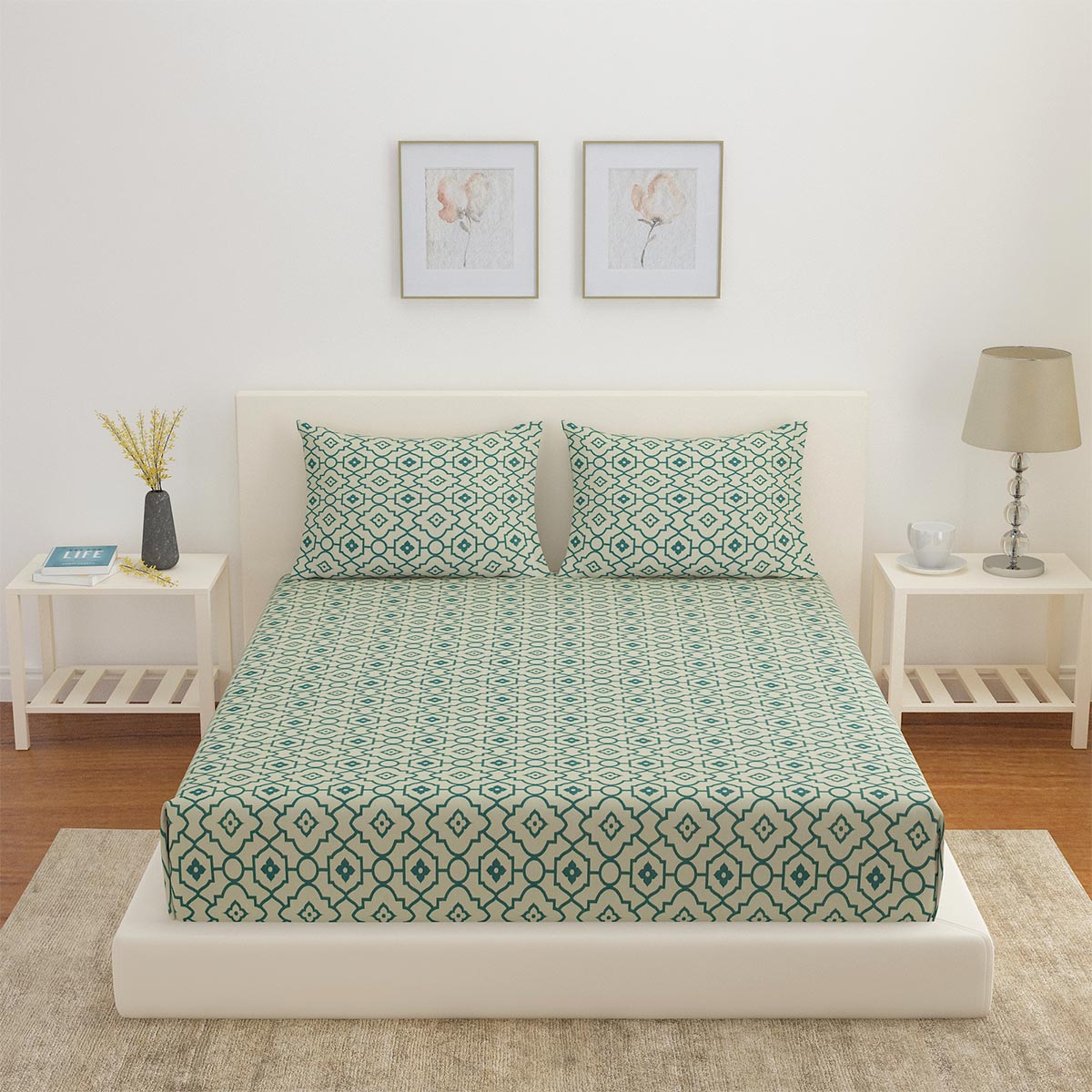 Arias Abstract Cotton King Bedsheet With 2 Pillow Covers (Seagreen)