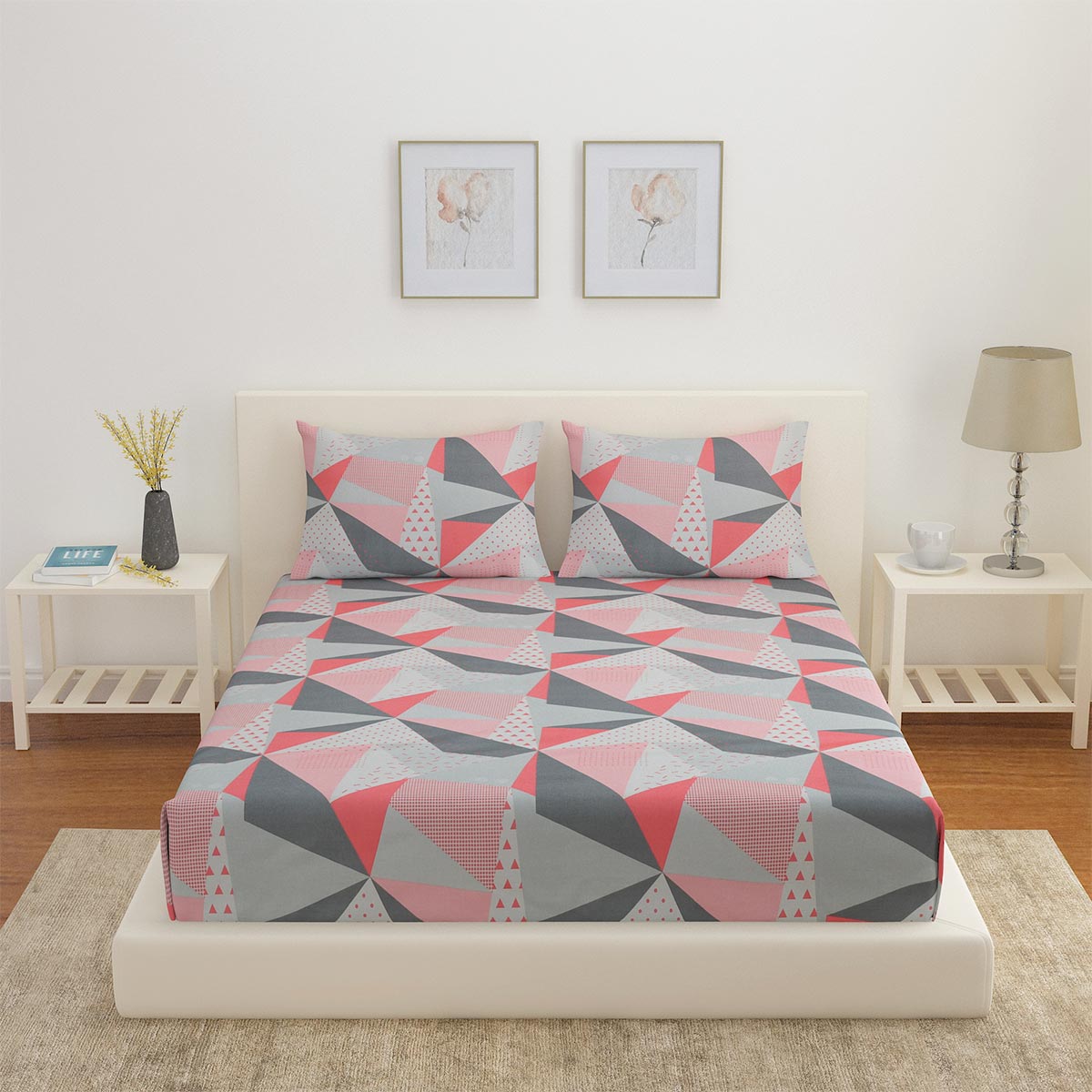 Arias Geometric Cotton King Bedsheet With 2 Pillow Covers (Grey)