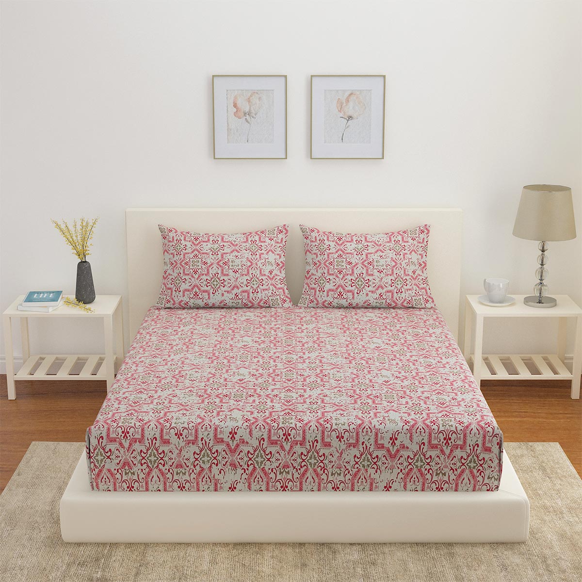 Arias Abstract Cotton King Bedsheet With 2 Pillow Covers (Pink)