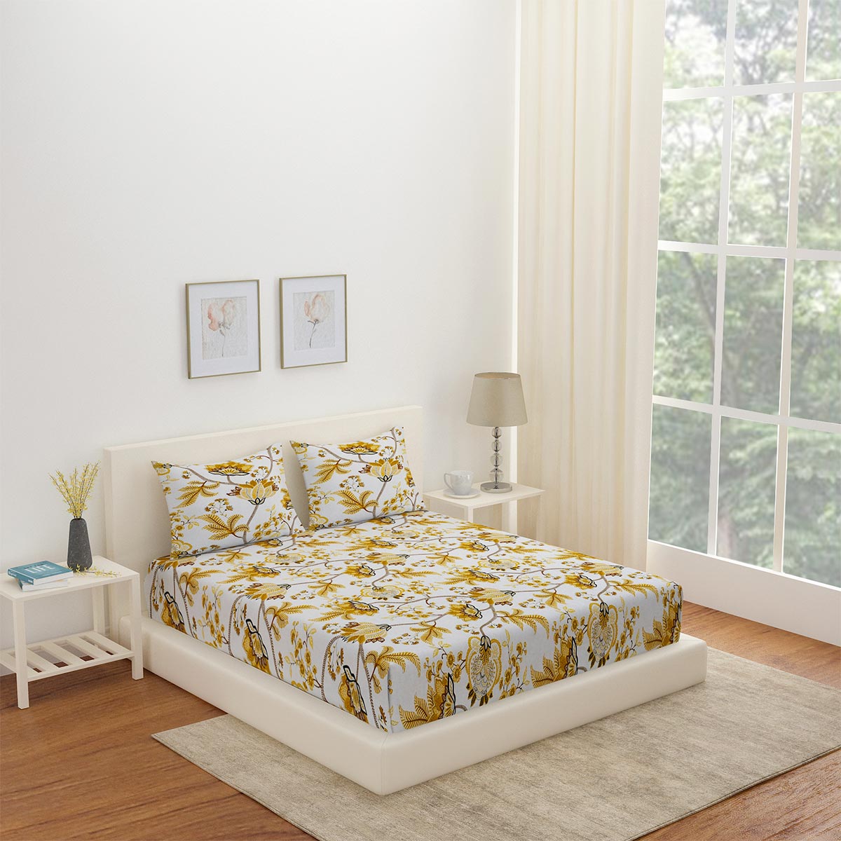 Arias Floral Cotton King Bedsheet With 2 Pillow Covers (Yellow)