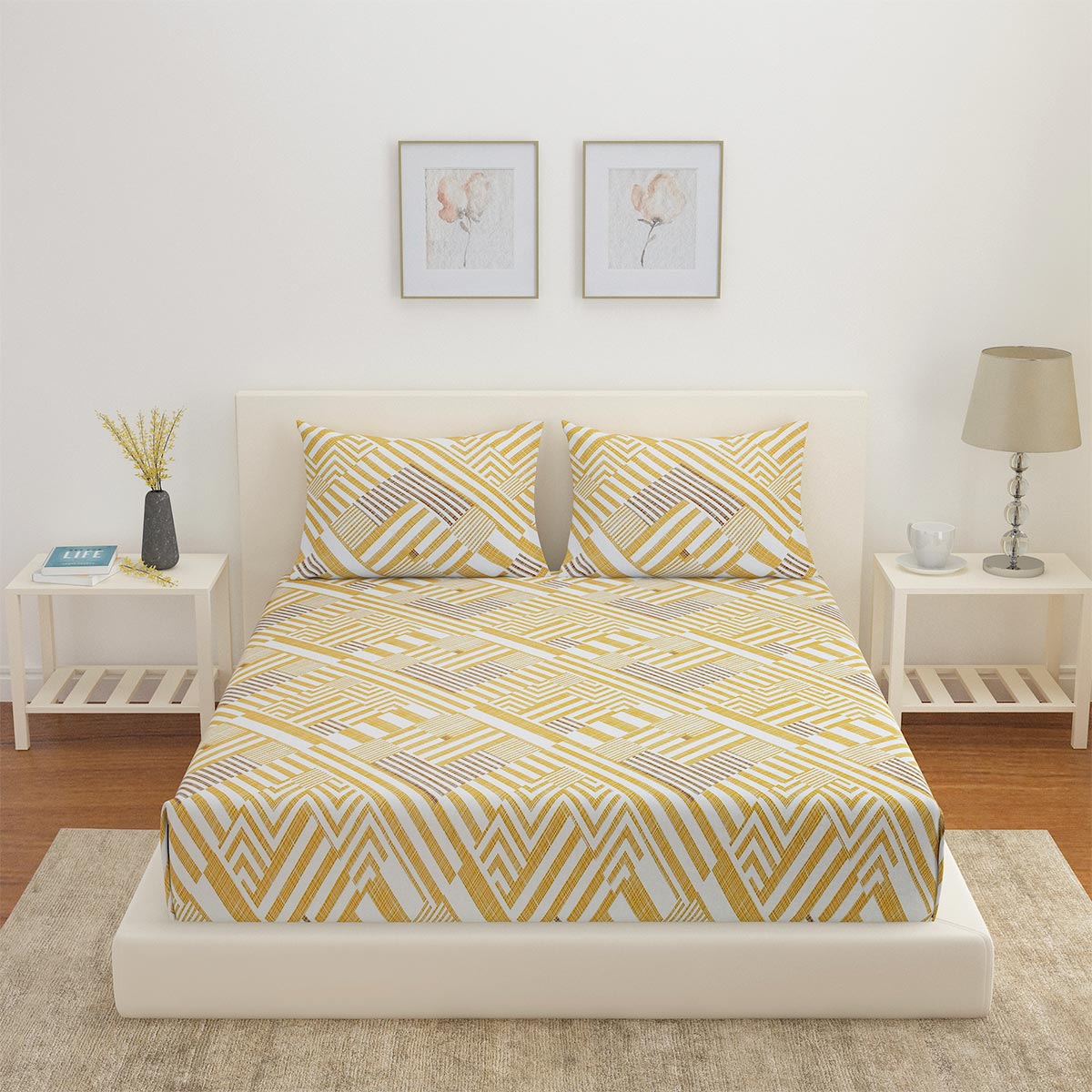 Arias Geometric Cotton King Bedsheet With 2 Pillow Covers (Yellow)
