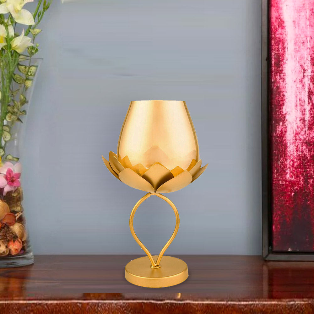Decorative Lotus Metal & Glass Small Candle Holder (Gold)
