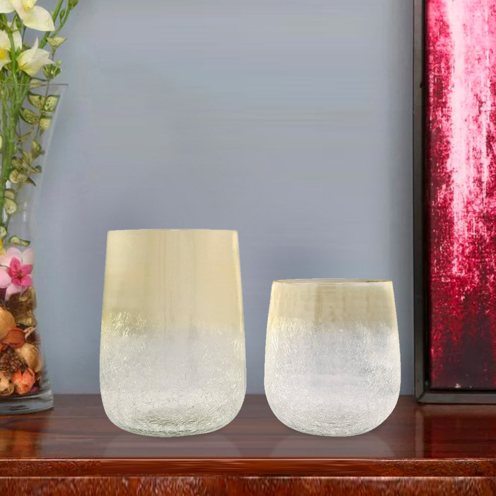 Cylindrical Crackle Glass Candle Holder Set of 2 (Transparent & Yellow)