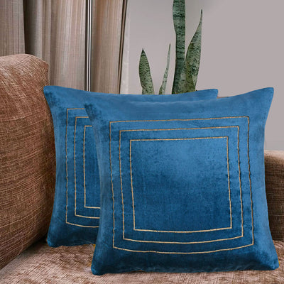Solid Cotton Polyester 16" x 16" Cushion Covers Set of 2 (Blue)