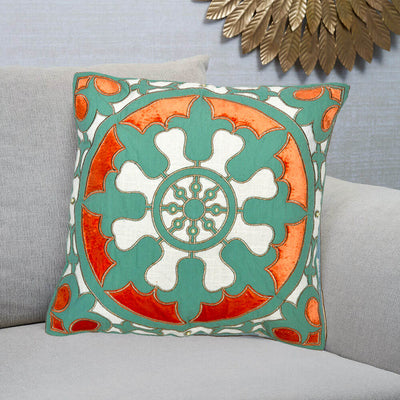 Embroidered Cotton Polyester 16" x 16" Cushion Cover (Green & Orange)