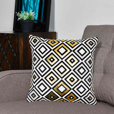 Geometric Polyester 16" x 16" Cushion Cover (Off White & Gold)
