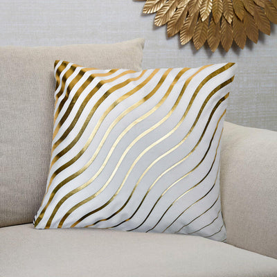 Wavy Polyester 16" x 16" Cushion Cover (Off White & Gold)