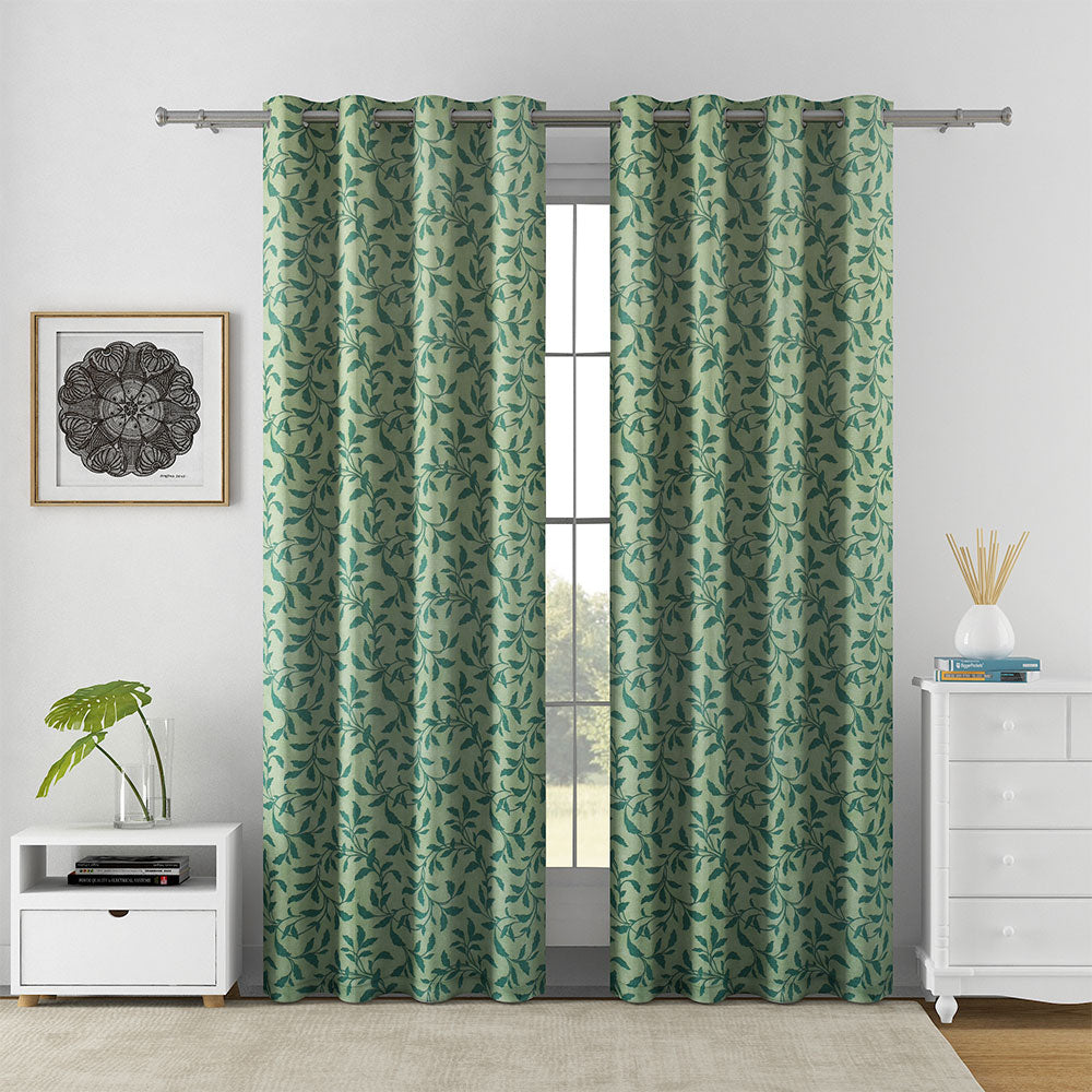 Leaf Design Semi Transparent 7 Ft Polyester Door Curtains Set Of 2 (Green)