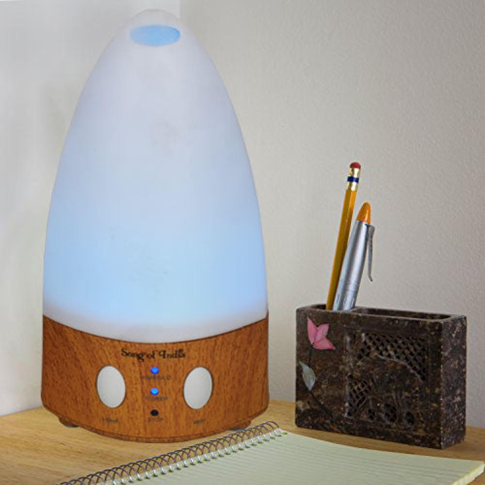 Song of India 100 ml. White Cone Ultrasonic Diffuser with Light Wood Finish Bottom & LED Lights