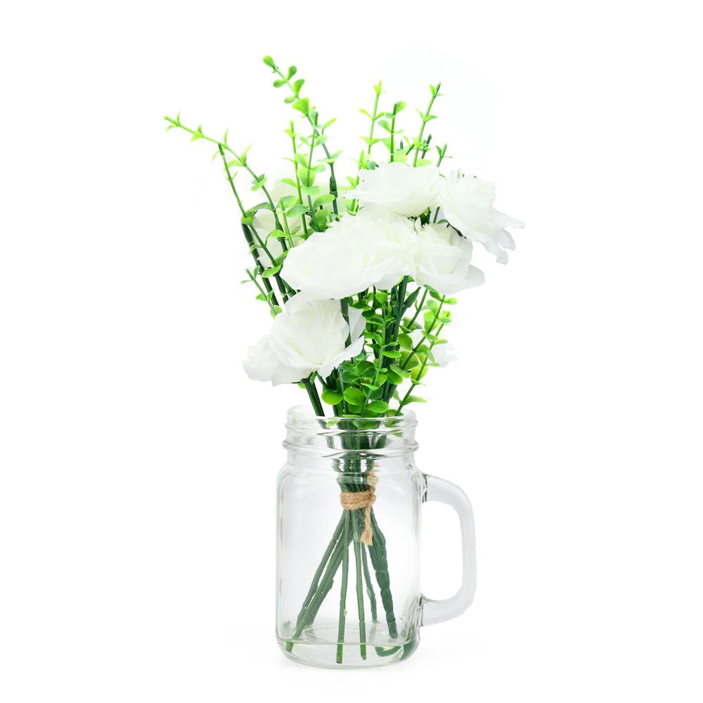 Glass Mason Rose Potted Plant (White)