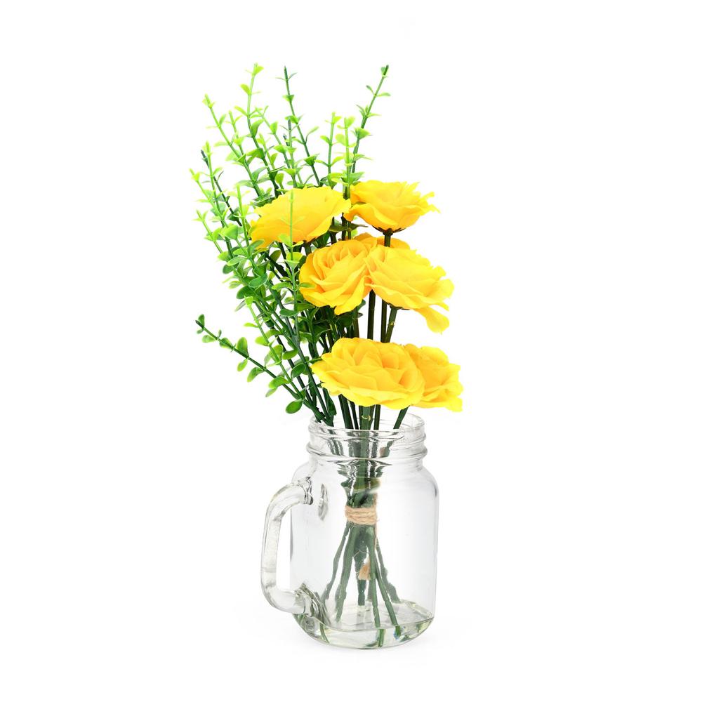 Glass Mason Rose Potted Plant (Yellow)