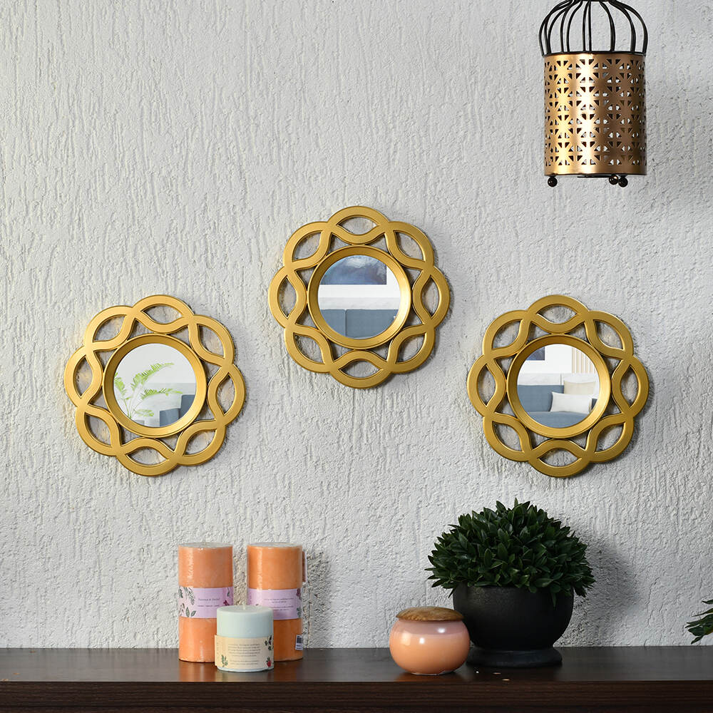 Floral Decorative Wall Mirrors Set of 3 (Gold)