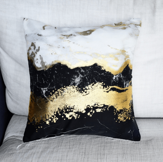 Amelia Abstract Tafetta Fabric 16" x 16" Cushion Cover (White, Black & Gold)