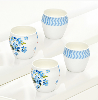 Clay Craft Ceramic 240 ml Floral Kullar Set of 4 (Blue & White)