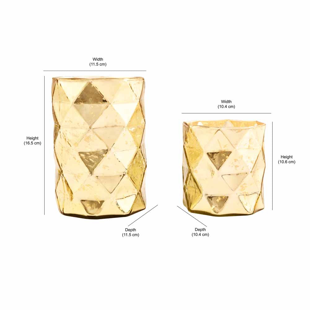 Cylindric Diamond Glass Candle Holder Set of 2 (Gold)