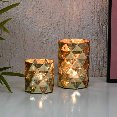 Cylindric Diamond Glass Candle Holder Set of 2 (Gold)