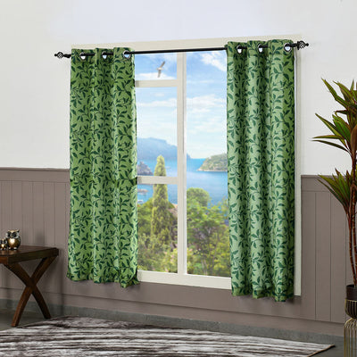 Leaf Design 5 Ft Polyester Window Curtains Set of 2 (Green)