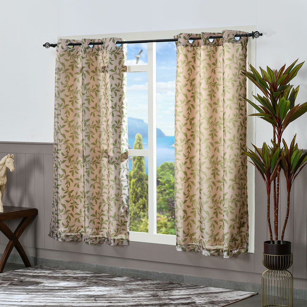 Leaf Design 5 Ft Polyester Reversible Window Curtains Set of 2 (Green)